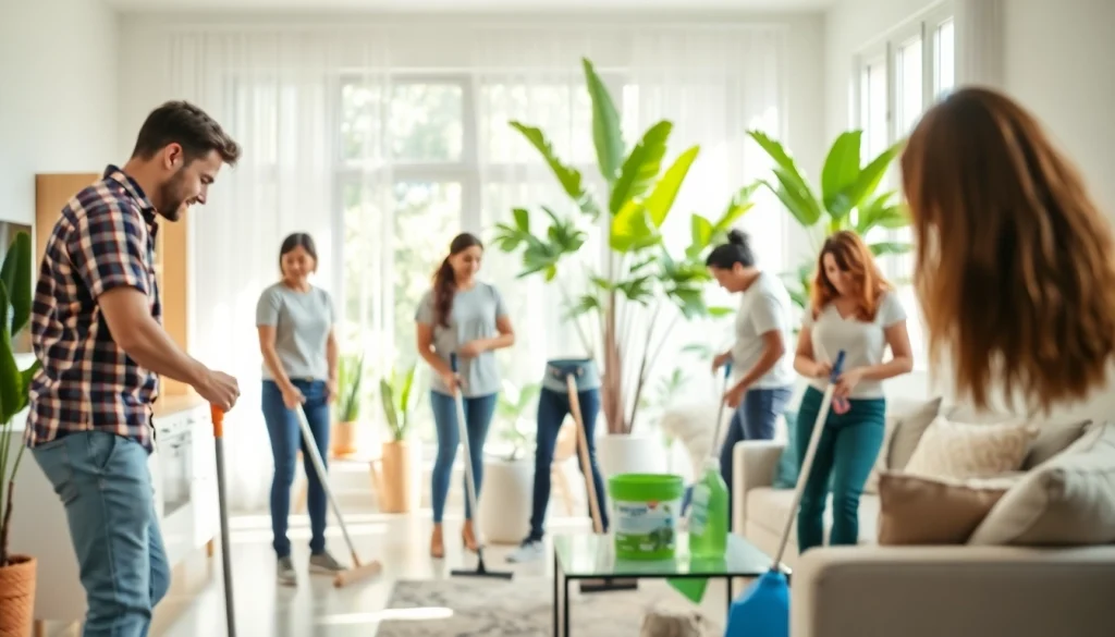 Cleaning Service professionals diligently organizing and cleaning a bright, modern home.