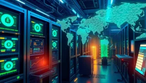 Crypto mining operation featuring advanced hardware and blockchain data visuals.