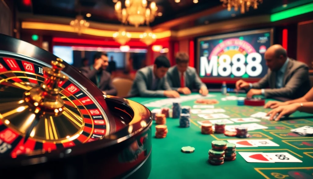 MM88 players enjoying a spirited game of poker at a vibrant casino