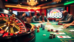 MM88 players enjoying a spirited game of poker at a vibrant casino