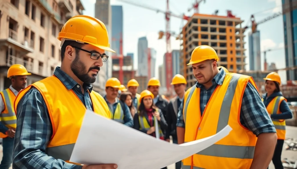 Dynamic scene showcasing a New York Construction Manager leading a project team on a bustling site.