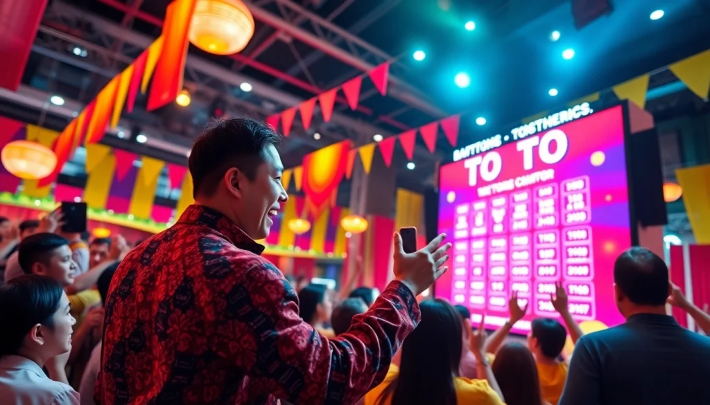 Menggairahkan suasana toto togel dengan kerumunan antusias yang merayakan.