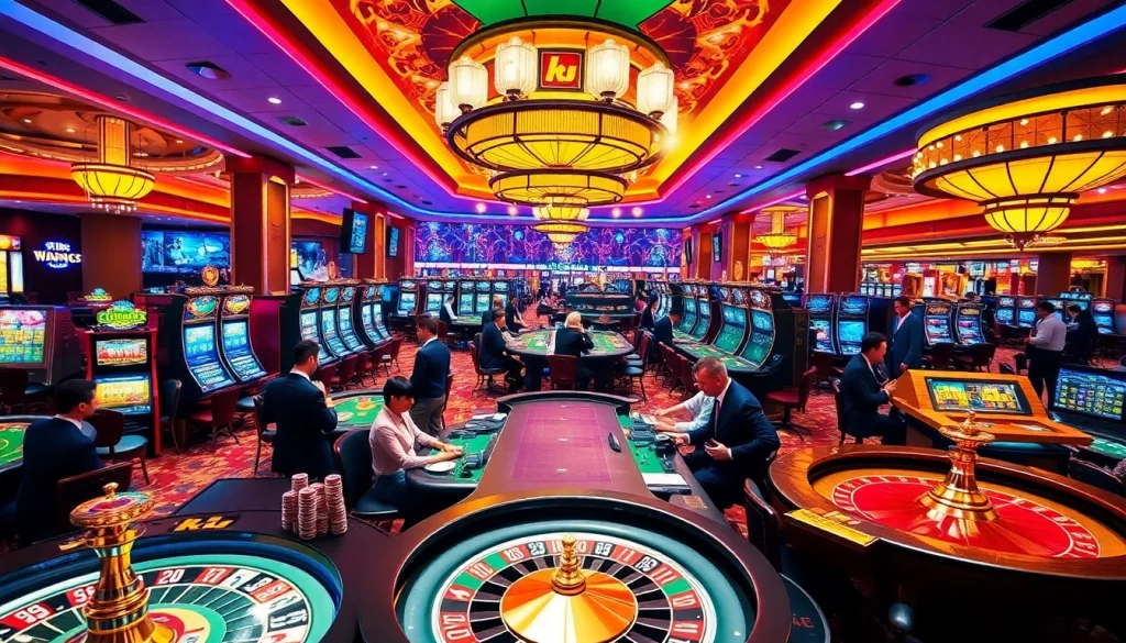 Casino gaming scene featuring KJC brand elements, showcasing vibrant tables and exciting players.