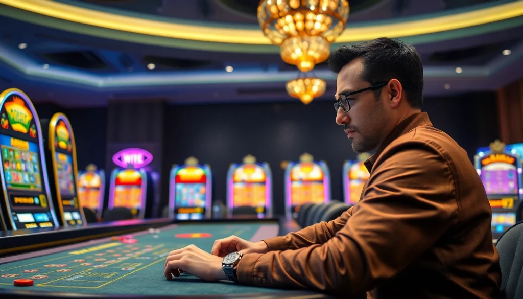 Menampilkan pemain yang sedang memainkan togel resmi slot di kasino yang modern dan stylish.