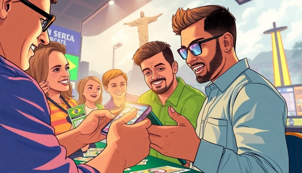 Engaged bettors enjoying sports betting Brazil on their smartphones amid vibrant surroundings.