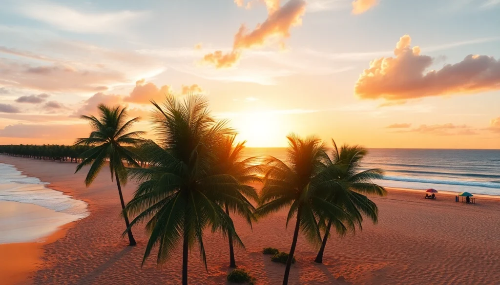 Pôr-do-sol deslumbrante sobre a praia de Paripueira, Alagoas, com palmeiras e cores vibrantes.
