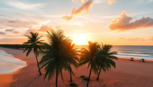 Pôr-do-sol deslumbrante sobre a praia de Paripueira, Alagoas, com palmeiras e cores vibrantes.