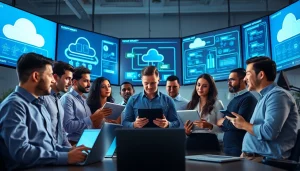 Utilizing Cloud Migration Services with a professional team collaborating in a modern tech office.