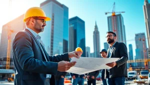 New York City Construction Manager leading a team at a vibrant urban construction site.