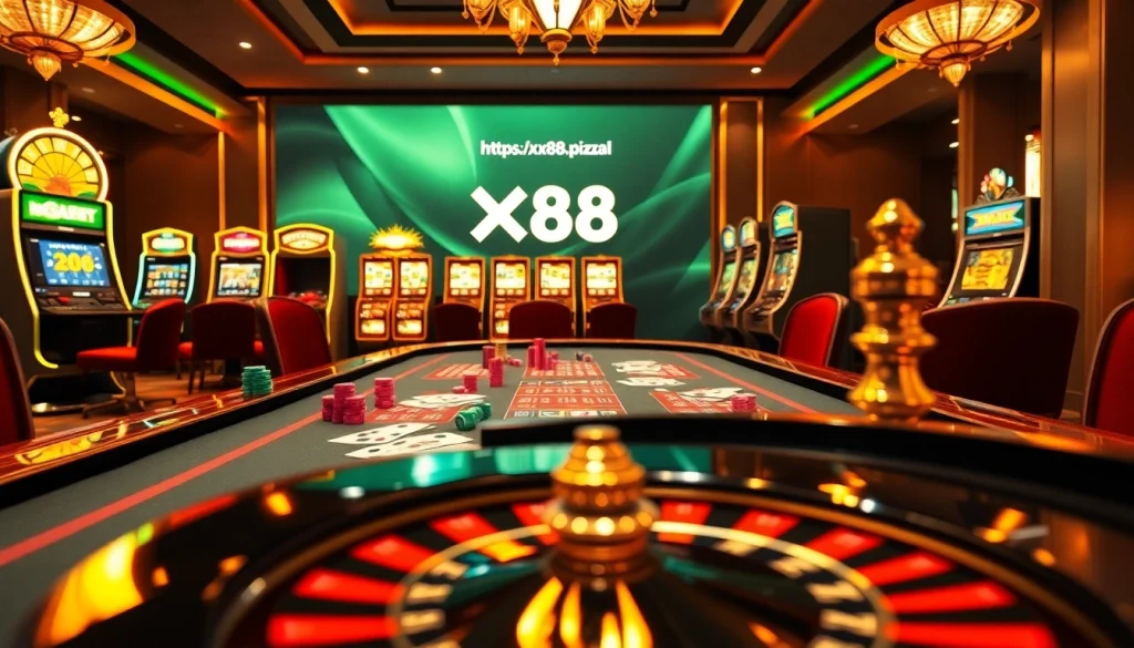 Capture the thrill of gaming at https://xx88.pizza/ with vibrant poker chips and a roulette wheel in action.