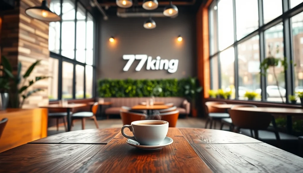 Capture the cozy ambiance of the 79king cafe with modern decor and a warm atmosphere.