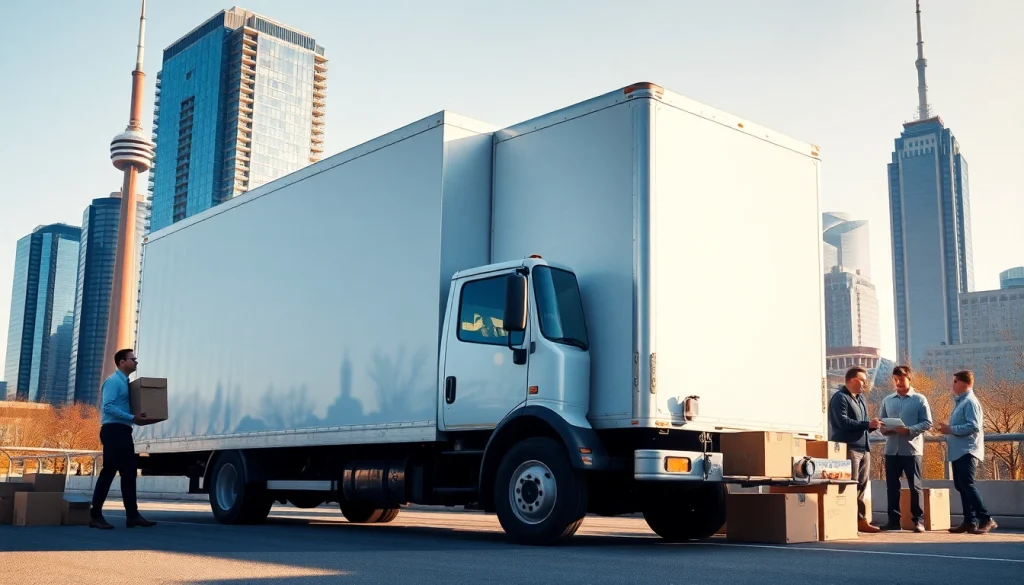 Movers from a Toronto moving company coordinating logistics by a moving truck.