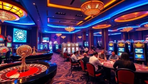 Exciting casino scene showcasing KJC AC 2, featuring vibrant slot machines, poker tables, and roulette wheels.