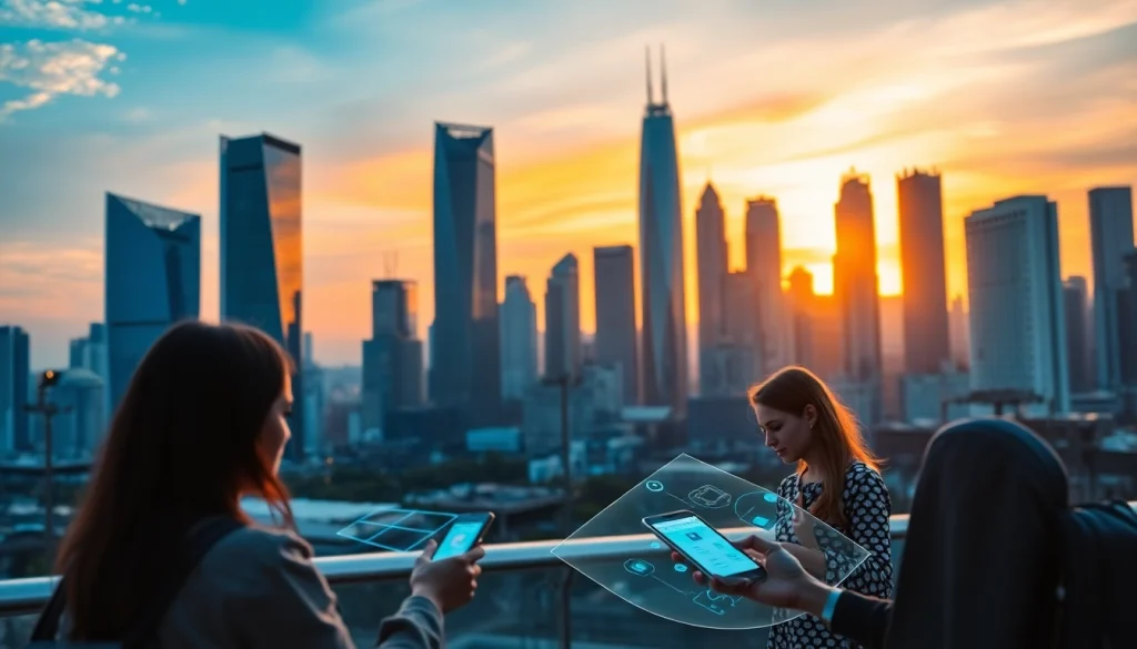 Engaging scene showcasing technology's influence on society at https://mohamedmmblog.tech, with vibrant urban landscapes and people interacting with AI.