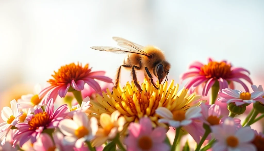 Observa colmenas keniata resaltando la armonía entre abejas y flores en un entorno natural.