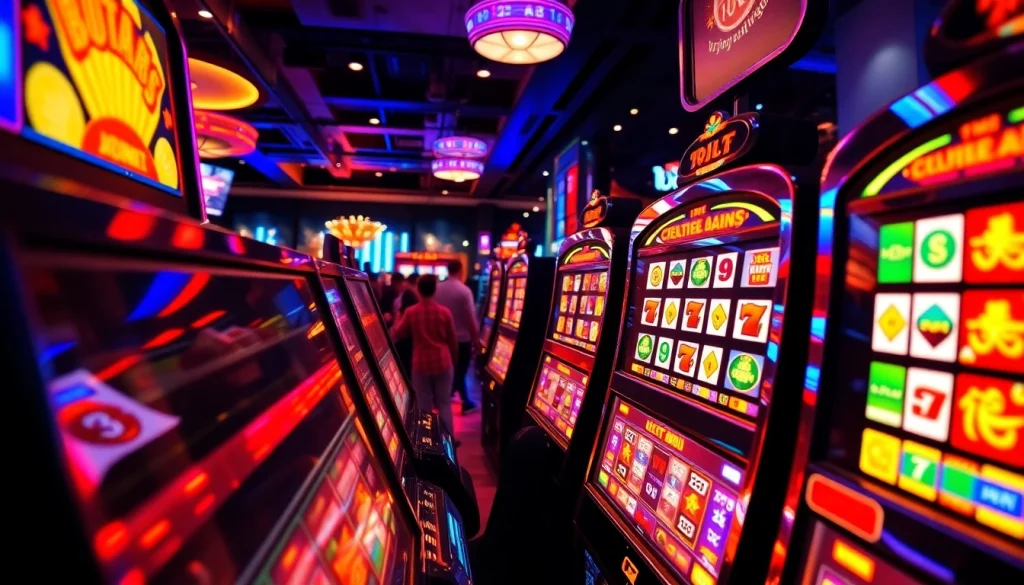 Putaran slot yang menarik dengan mesin slot berwarna-warni di kasino yang ramai.