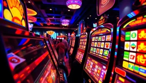 Putaran slot yang menarik dengan mesin slot berwarna-warni di kasino yang ramai.