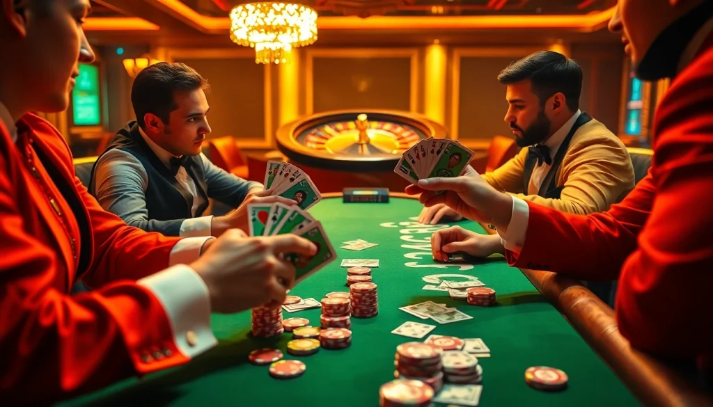 Experience Hi88 poker night, featuring vibrant chips and intense players at a lively casino table.