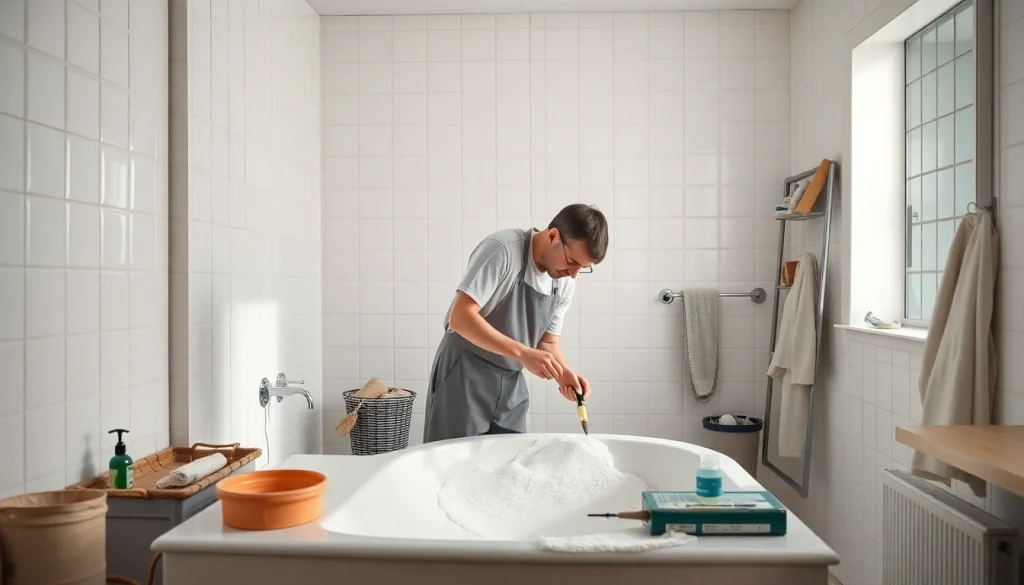 Ремонт ванны акрилом: мастер аккуратно наносит акрил на старую ванну, демонстрируя процессы реставрации.