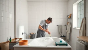 Ремонт ванны акрилом: мастер аккуратно наносит акрил на старую ванну, демонстрируя процессы реставрации.