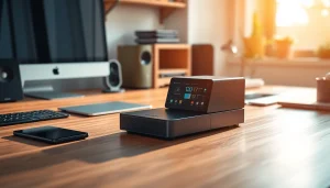 Showcase the innovative C168 device in a modern workspace with tech gadgets.