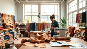 Punta di Roma stof in een creatieve studio waar een ontwerper actief werkt aan innovatieve textielontwerpen.