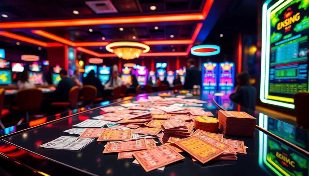 Taruhan toto togel dengan tiket berwarna cerah di meja permainan modern.