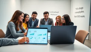 Team discussing SEO Malaysia strategies in a modern office with vibrant charts.