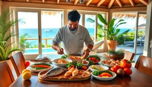 Private chef St Martin creating a gourmet meal in a luxurious villa setting.