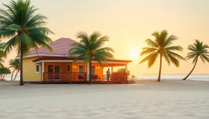 Experience the beauty of a coastal cabana overlooking the serene beach at sunset.