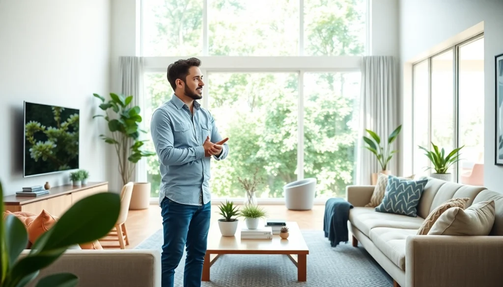 Real Estate agent presenting an inviting open house filled with natural light and modern decor.