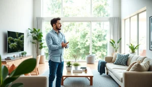 Real Estate agent presenting an inviting open house filled with natural light and modern decor.