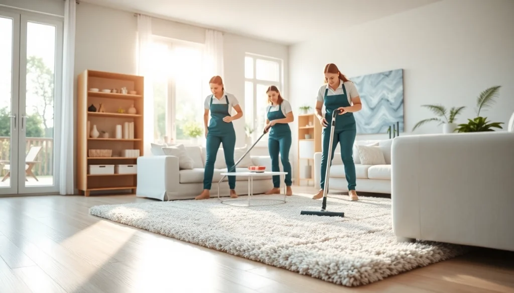 Cleaning Service team diligently tidies a bright living room, showcasing efficient home care.