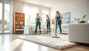 Cleaning Service team diligently tidies a bright living room, showcasing efficient home care.