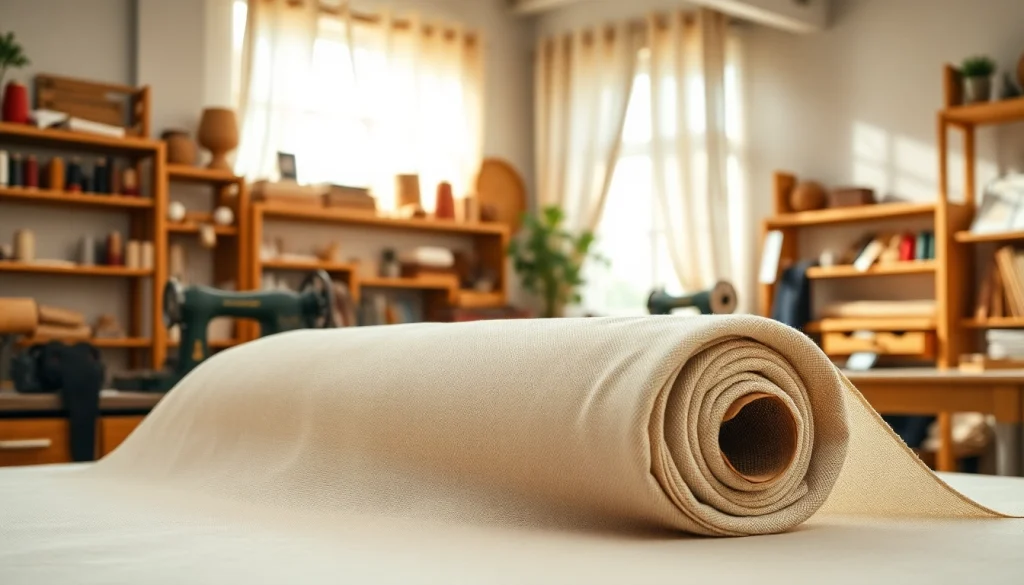 Een rol ongebleekt katoen met natuurlijke textuur, omringd door een ambachtelijke werkruimte.