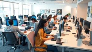 Efficient typing center showcasing diverse individuals at work in a modern setting.