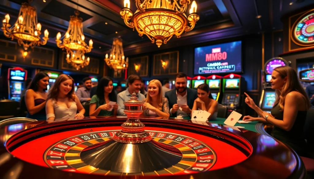 Experience the excitement at mm88 com with a lively roulette table scene showcasing thrilling players and iconic gambling elements.