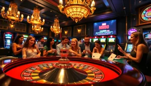 Experience the excitement at mm88 com with a lively roulette table scene showcasing thrilling players and iconic gambling elements.