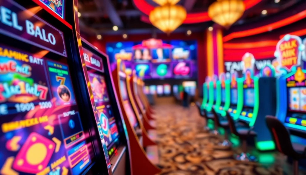 Agen toto slot menarik dengan mesin slot berwarna-warni dan suasana kasino virtual.