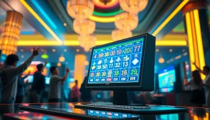 Menggambar suasana togel online yang penuh energi dan kegembiraan dengan papan lotere digital yang bersinar.