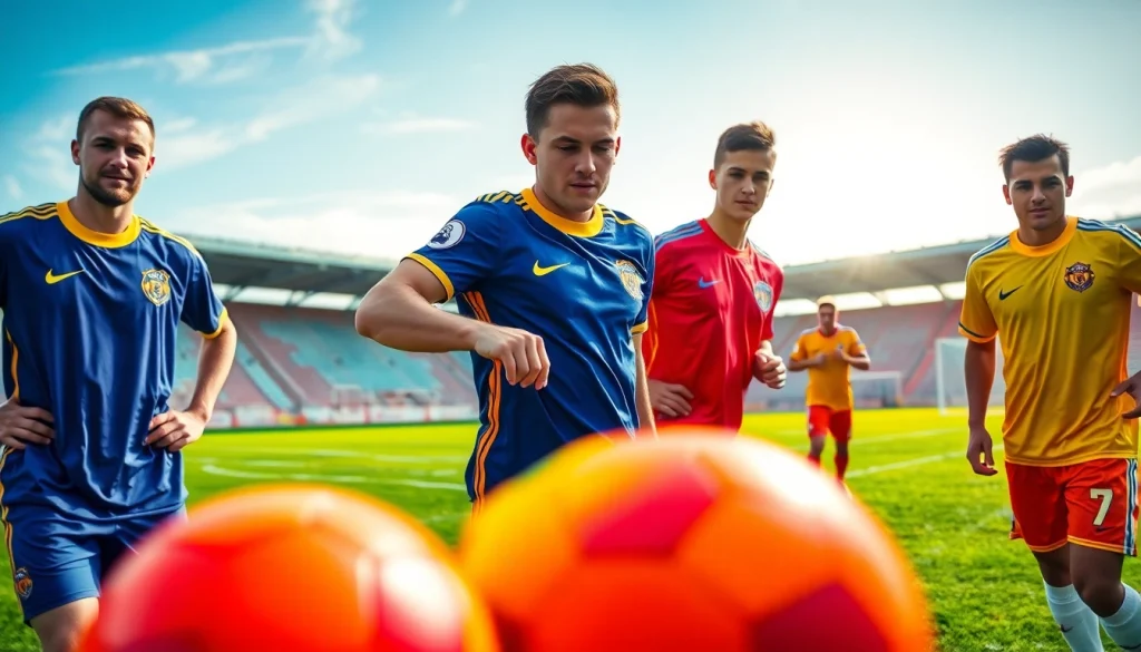 Shop vibrant cheap football kits showcasing young athletes practicing their skills.