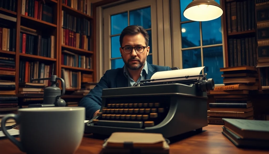 Thriller author working passionately at a typewriter in a cozy study, surrounded by books.