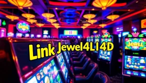 Menampilkan suasana mesin slot dengan logo link jewel4d slot dan lampu berwarna-warni, menggugah semangat bermain.