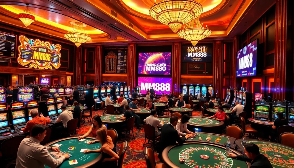 "Experience the thrill of gambling at Trang chủ MM88, showcasing vibrant casino activities with players engaged at tables."