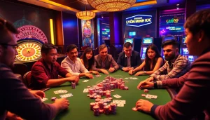 Experience LIÊN MINH KJC at an intense poker game, where players strategize amidst upbeat casino vibes.
