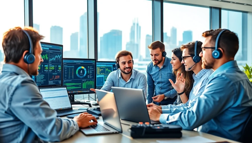 Engaging IT support service team discussing solutions while analyzing data on screens.