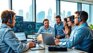 Engaging IT support service team discussing solutions while analyzing data on screens.