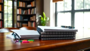 Shop for diverse stationery online uk showcasing pens, notebooks, and colorful supplies on a stylish desk.