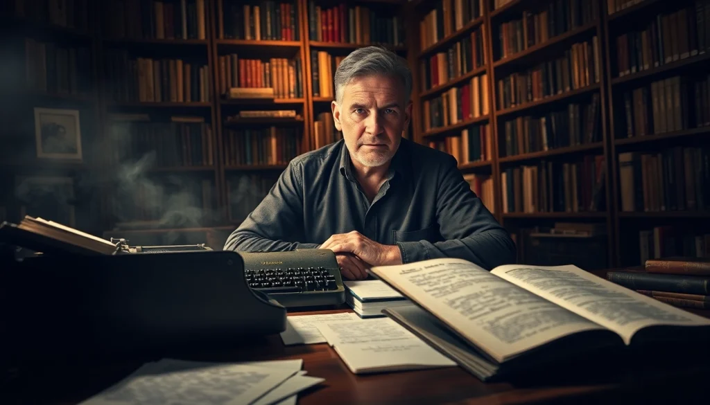 Engaging photo of a thriller author creating suspenseful narratives in a cozy setting.