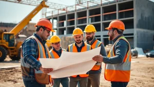 Engaged team of New Jersey Commercial General Contractors collaborating on-site, surrounded by construction elements.
